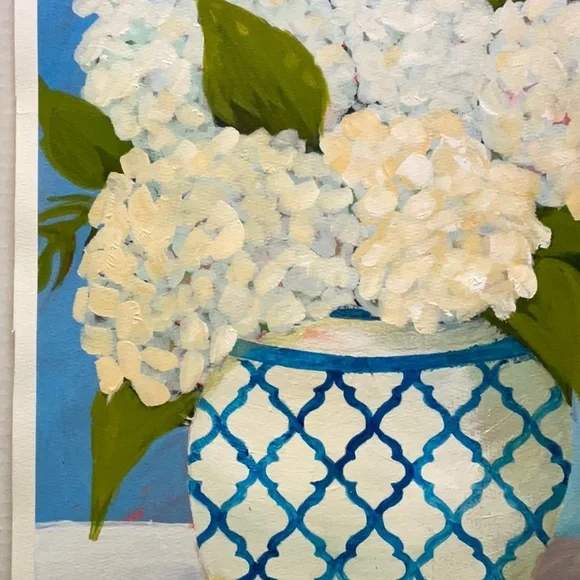 Farmhouse Style Hydrangea Painting White & Blue Vase Floral Decor Fashion Art - Picture 6 of 9
